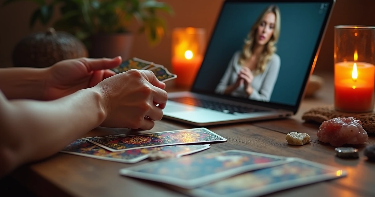 Mesa com cartas de tarô sendo embaralhadas por mãos femininas, próximo a um laptop com vídeo ligado 