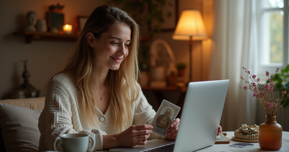 Mulher consultando tarot online, segurando cartas, com notebook e xícara de chá ao lado.