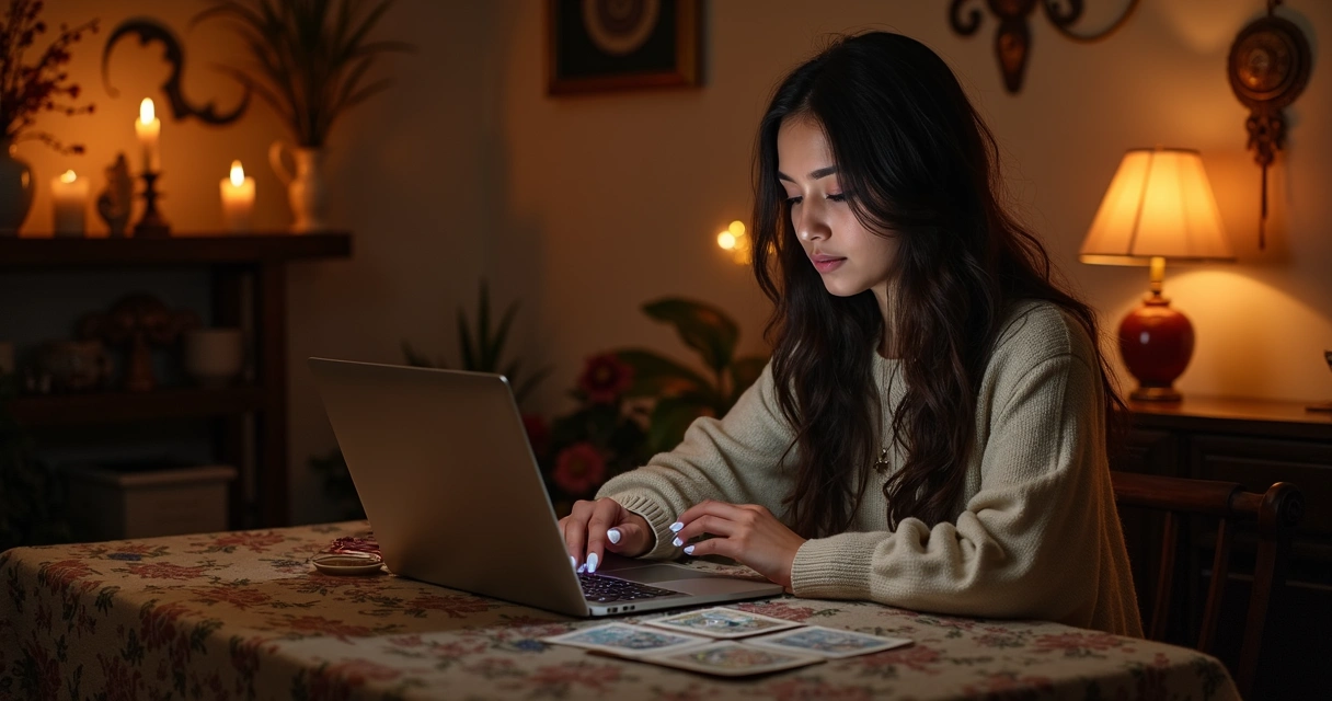 Consultora fazendo leitura de tarot via chat pelo computador 