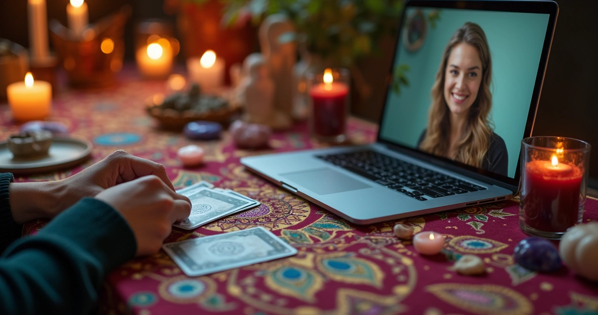 Mão embaralhando cartas de tarot sobre uma mesa colorida 