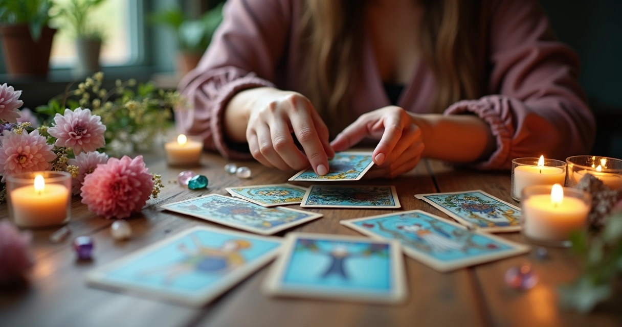 Mesa com cartas de tarot, cristais e mãos femininas mexendo nas cartas. 