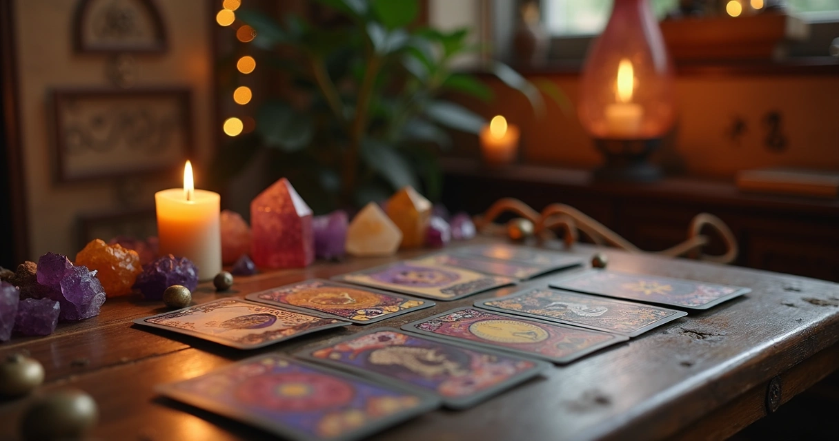 Mesa com cartas de tarô, cristais e vela acesa 