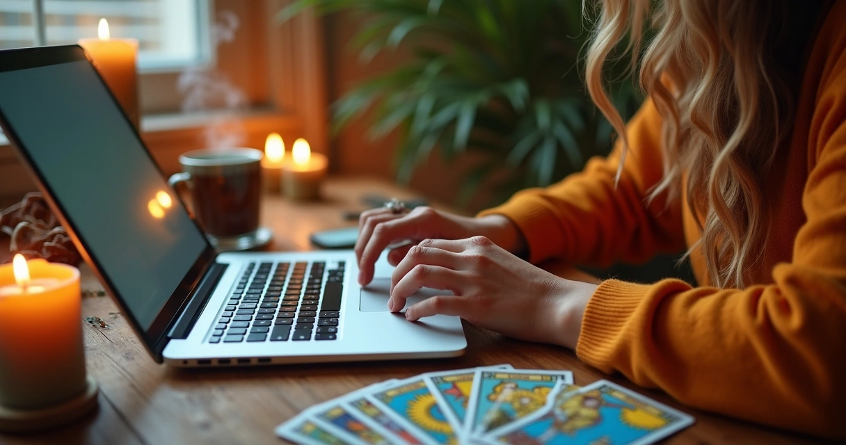 Mesa com cartas de tarot e computador portátil 