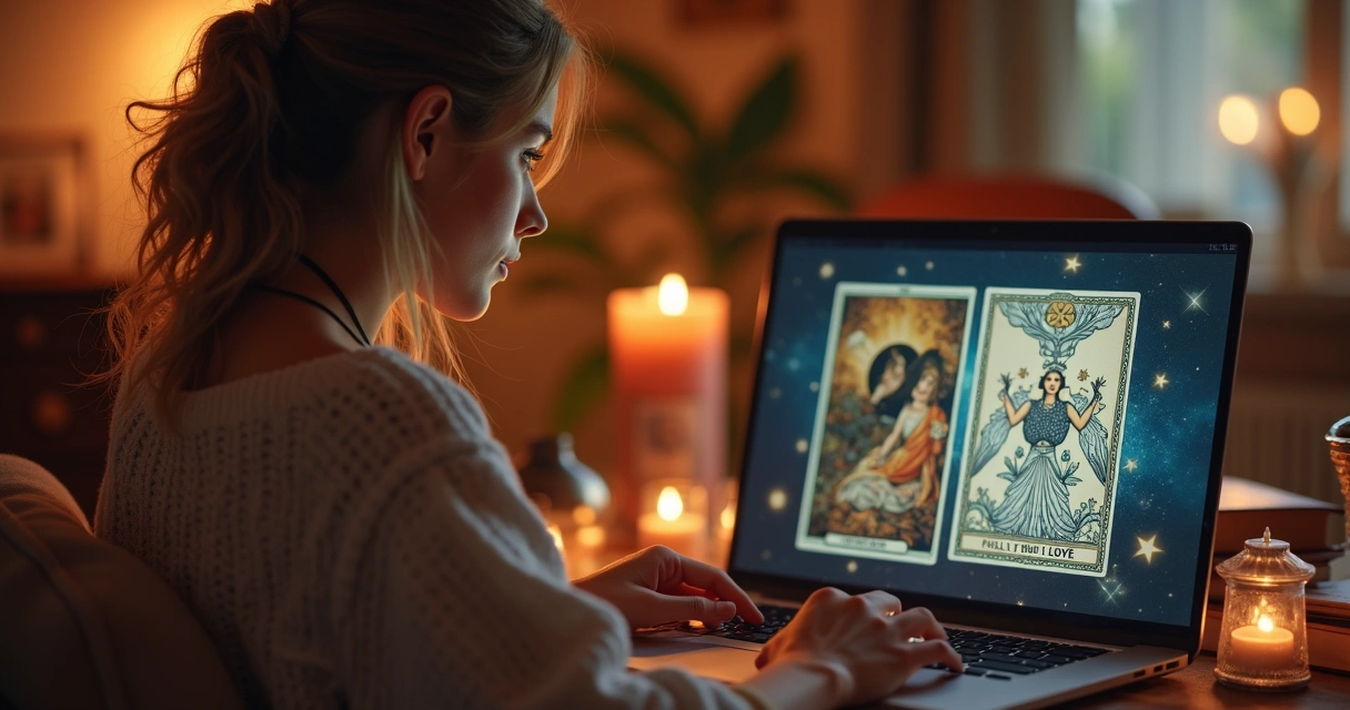 Mulher jovem olhando para a tela do computador, pronta para consulta de tarot online