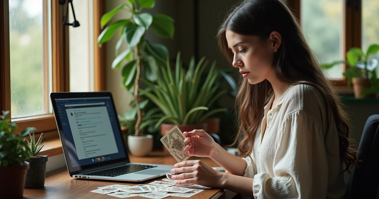Mulher jovem consulta tarot online com cartas e computador