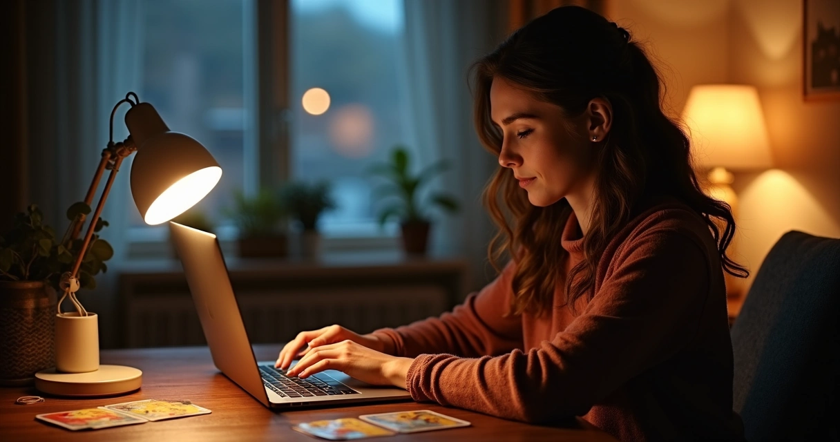 Mulher observando um computador durante consulta de tarot online. 