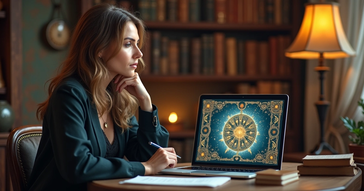 Mulher em frente ao computador consultando Tarot online 