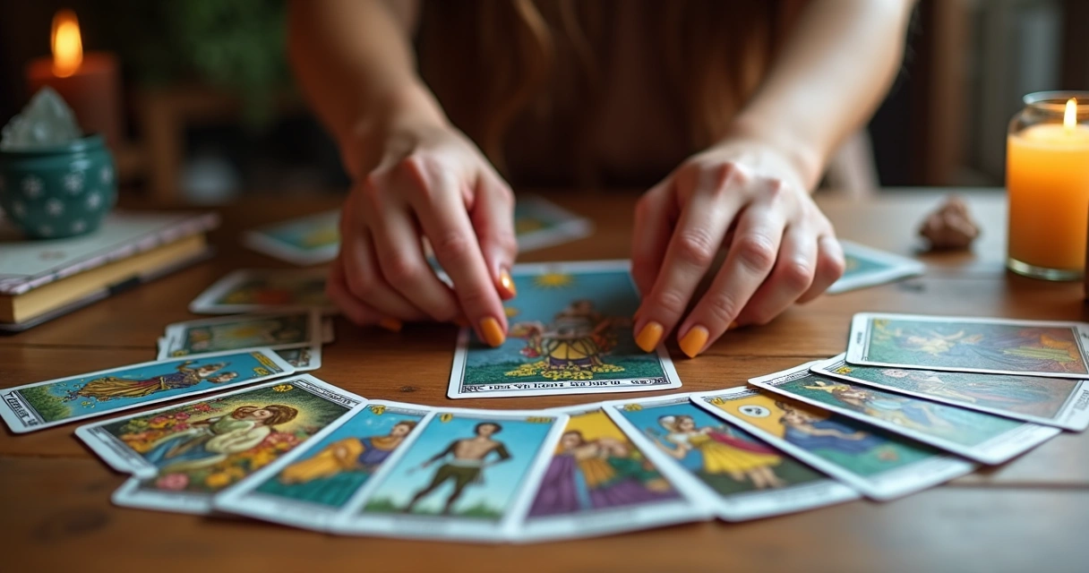 Mesa com cartas de tarot espalhadas e mãos femininas durante consulta espiritual 