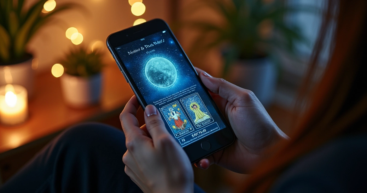 Consulta de tarot online pelo celular com tela mostrando cartas 