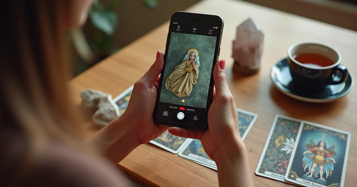 Mãos femininas segurando celular durante consulta de tarot online 