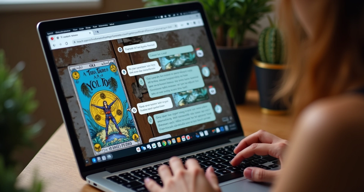 Janela de chat de tarot online com perguntas e cartas em destaque