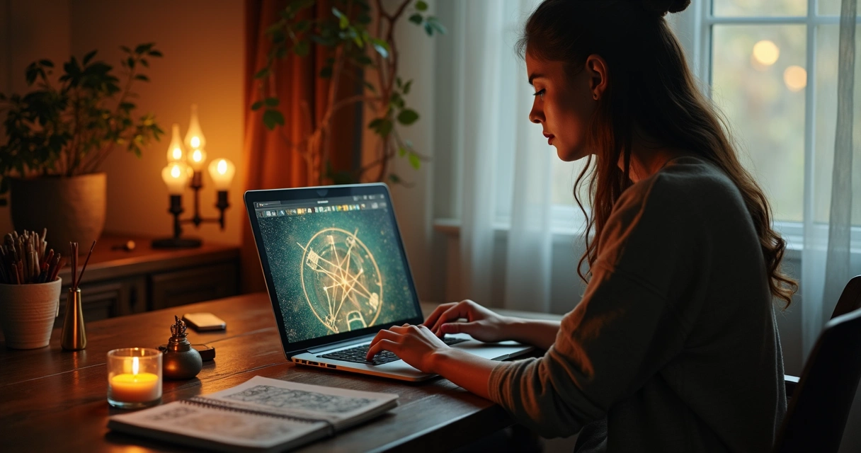 Mulher usando um notebook durante uma consulta de tarot online 