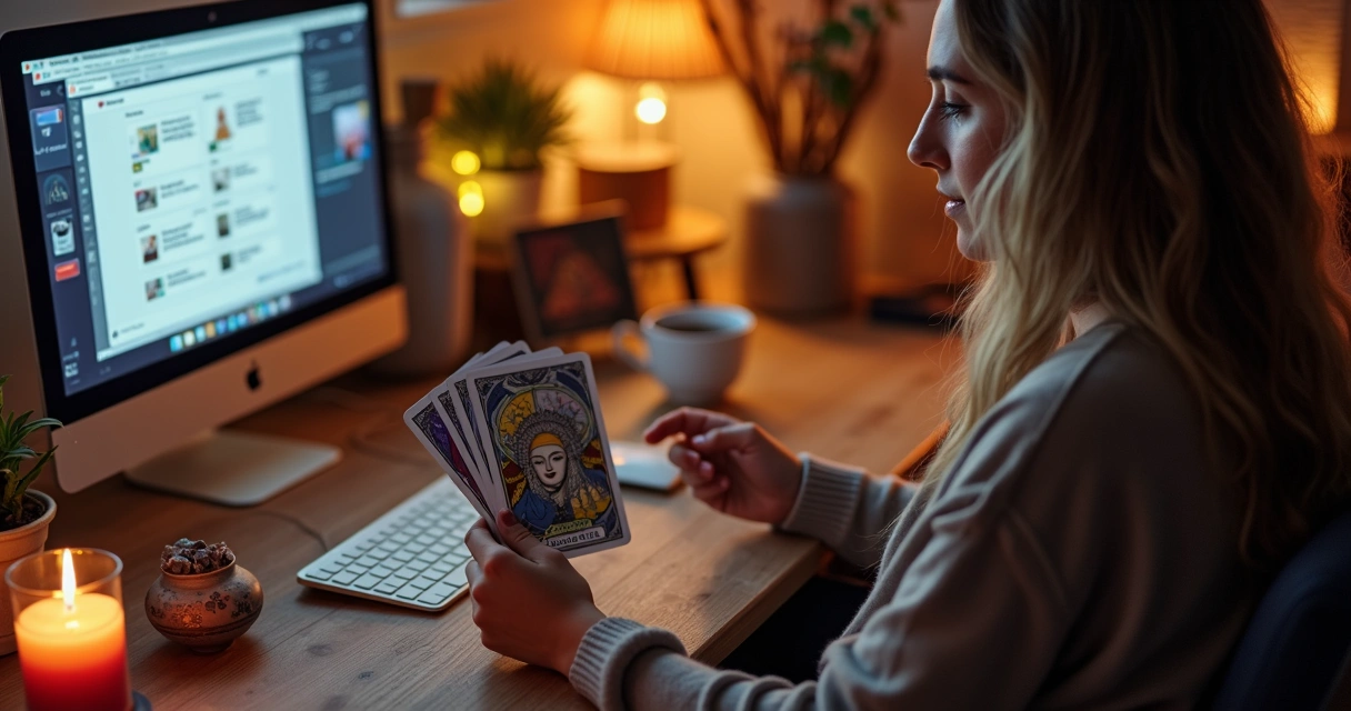 Pessoa segurando cartas de tarot em frente ao computador durante consulta por chat 