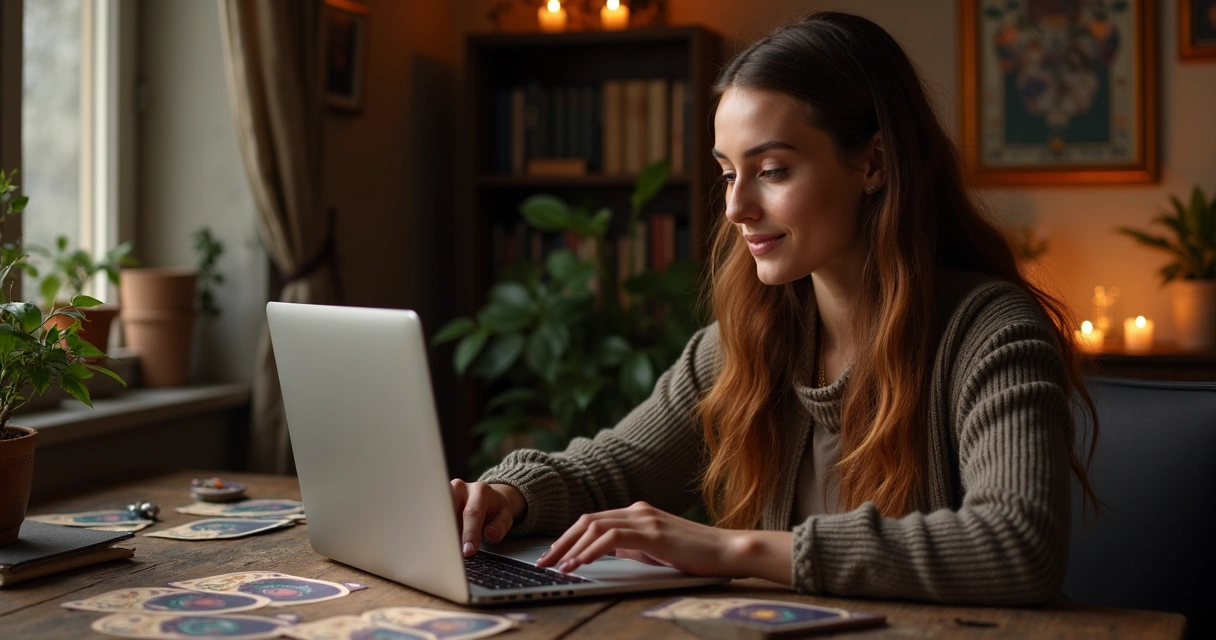 Consultora de Tarot online durante atendimento por videochamada 