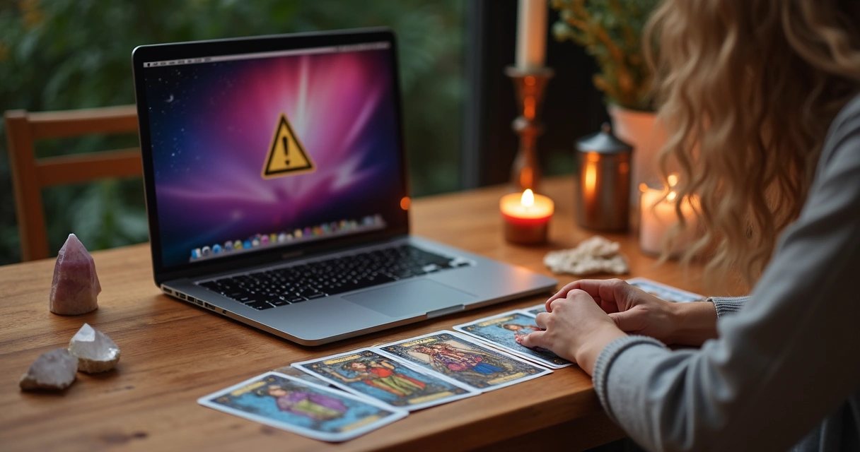 Tarot cards e mãos femininas em torno de um notebook com alerta de fraude digital 