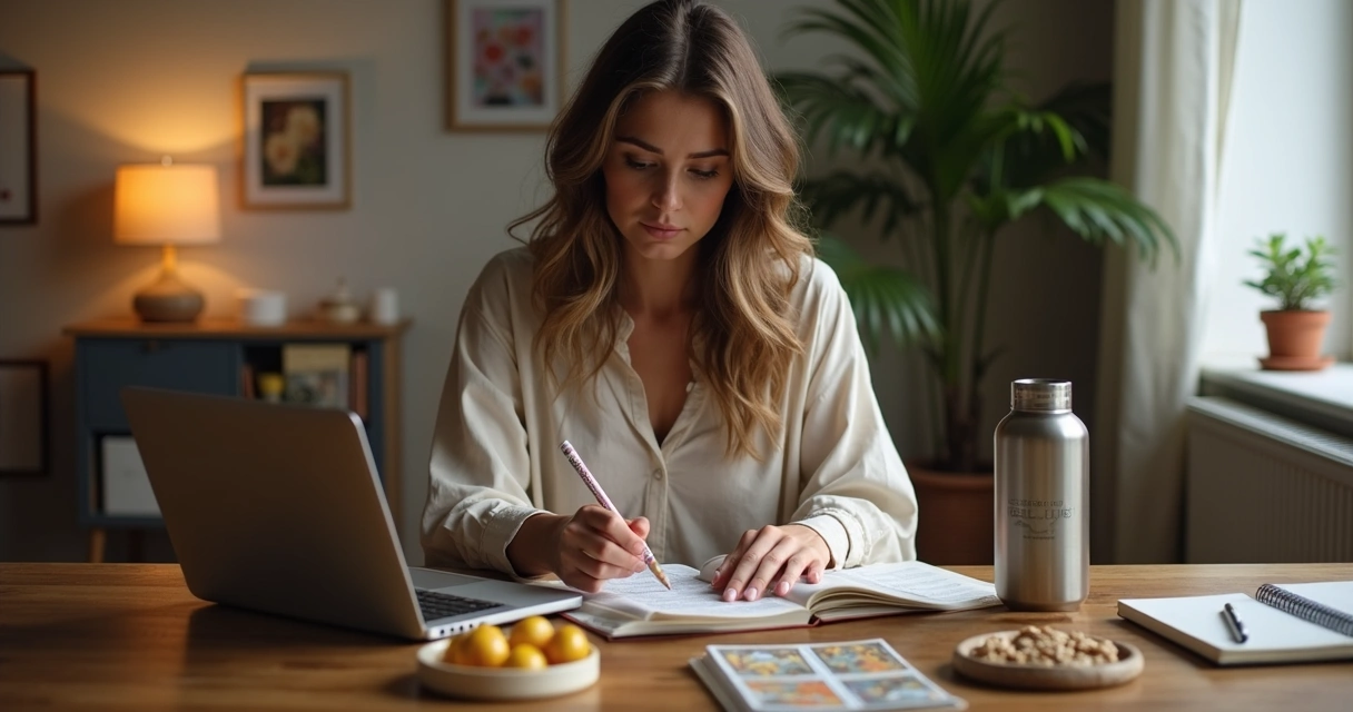 Pessoa usando notebook para consulta de Tarot online, rodeada por objetos de saúde 