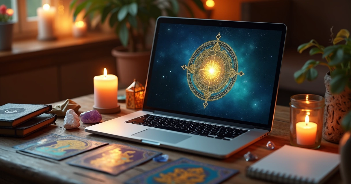 Plataforma de consulta de tarot online com mesa preparada e cartas expostas 