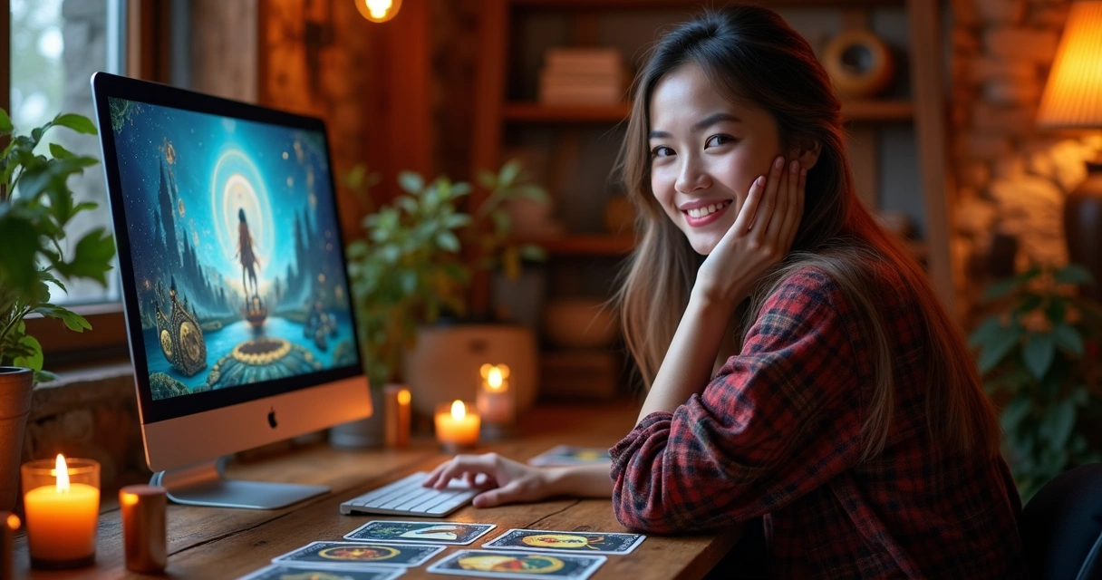 Mulher sorridente realizando consulta de tarot online com cartas místicas na mesa