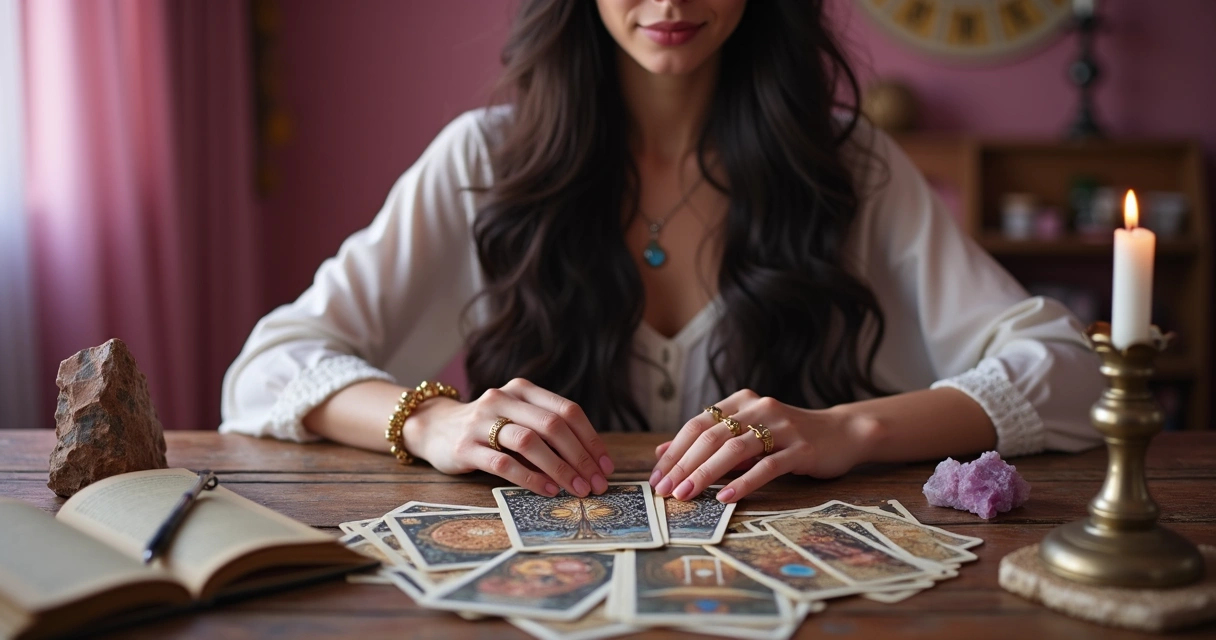 Consultora de tarot lendo cartas em mesa decorada, com cadernos, velas e cristais 