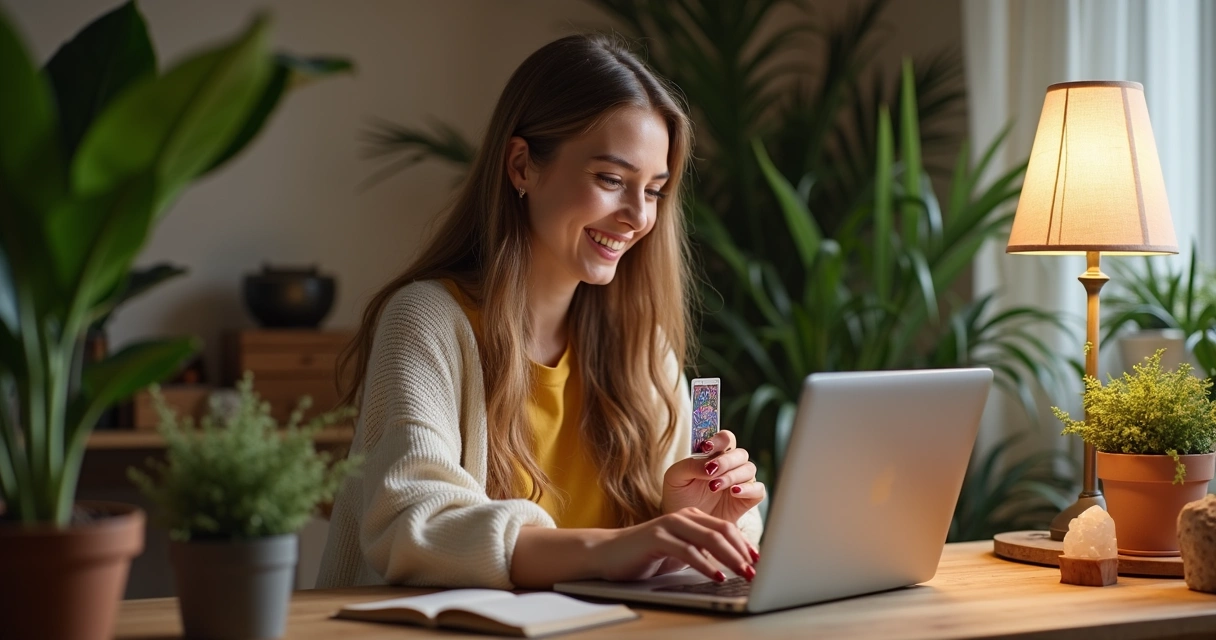 Mulher sorridente em vídeo chamada com cartas de tarot, ambiente acolhedor 