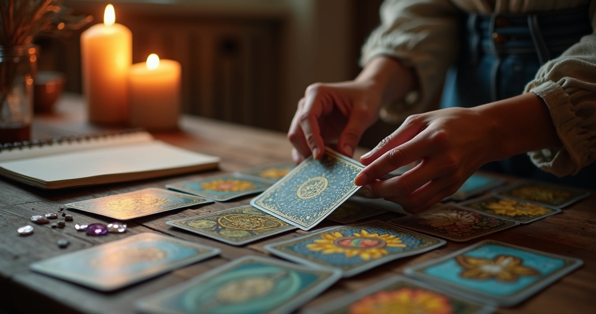 Pessoa embaralhando cartas de tarot em mesa com velas acesas 