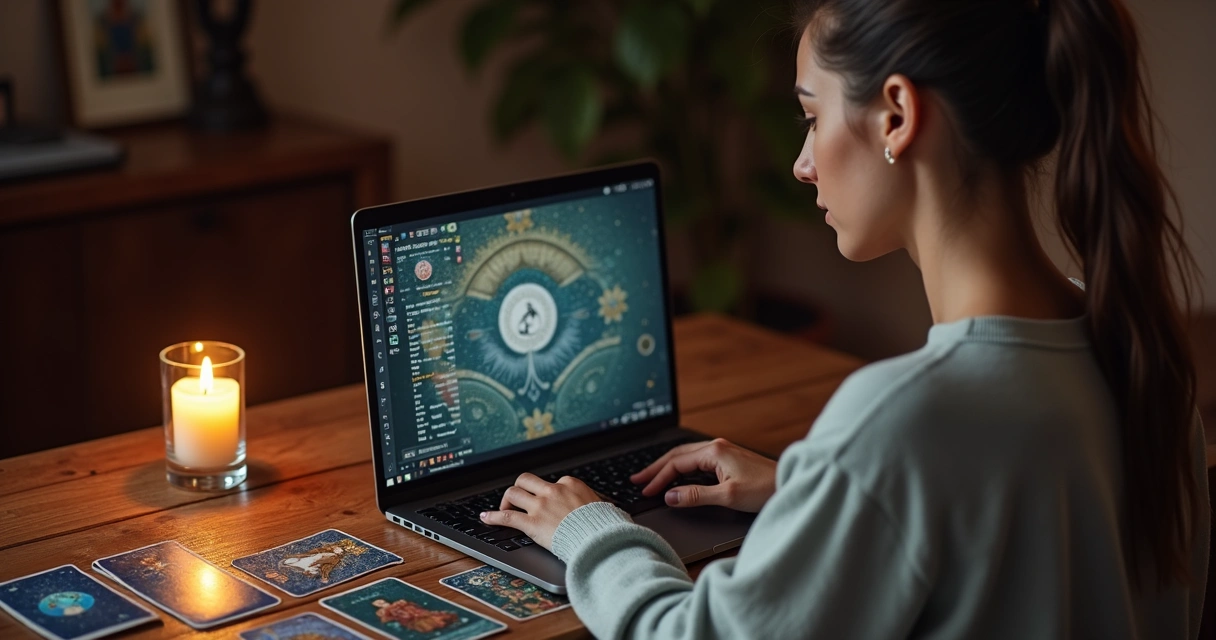 Mulher olhando para a tela do notebook em consulta de tarot online 