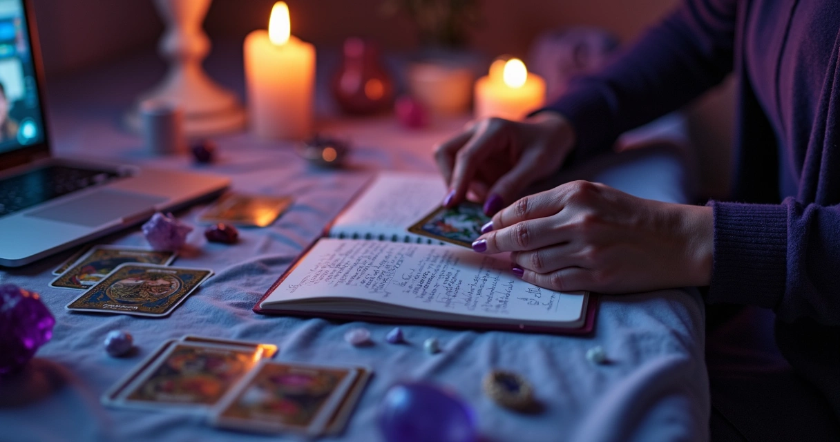Consulta de tarot online com cartas e cristais em mesa iluminada 