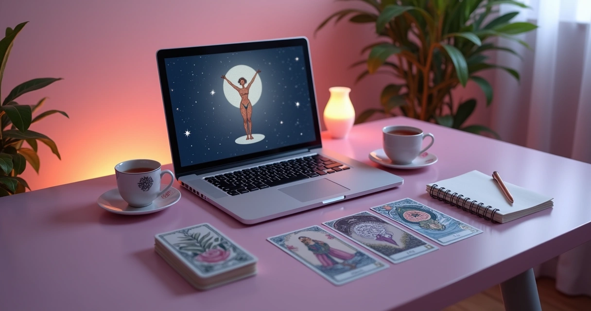 Mesa de tarot virtual com cartas e notebook 