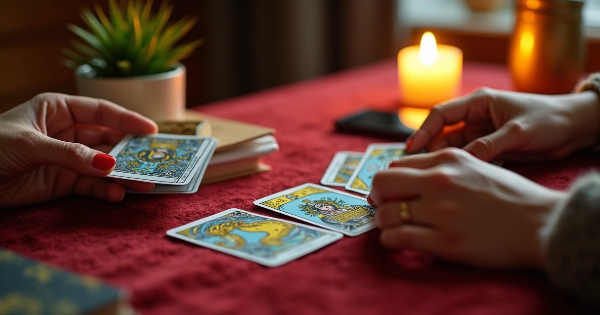 Mesa de tarot com cartas e mãos femininas embaralhando as cartas 
