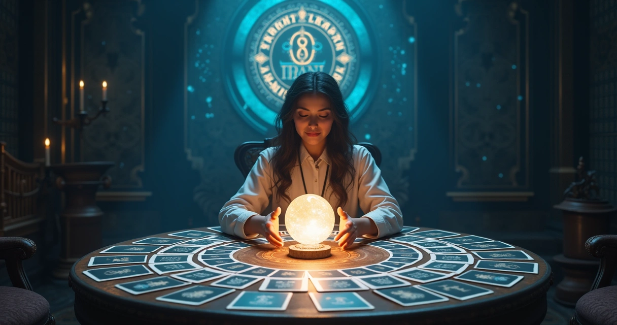Mesa real de consulta de tarot online com taróloga, cartas e símbolos esotéricos