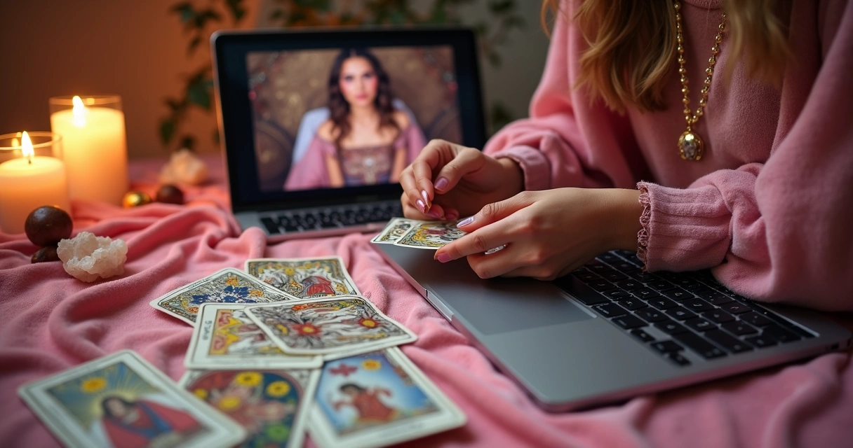 Mesa com cartas de tarot, velas, cristais e mãos femininas embaralhando as cartas