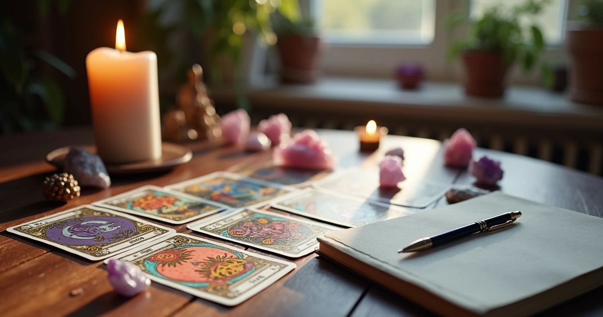 Mesa com cartas de tarot, vela acesa e cristais em ambiente místico 