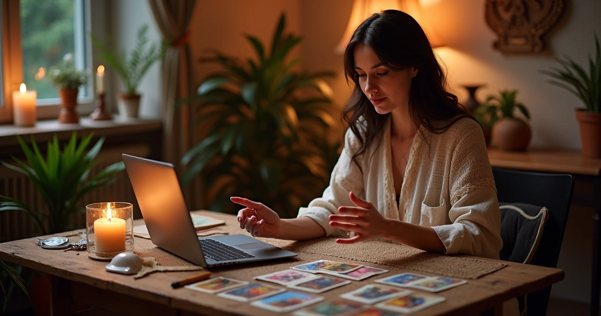 Consultora de tarot orientando cliente pelo computador com cartas à mostra 