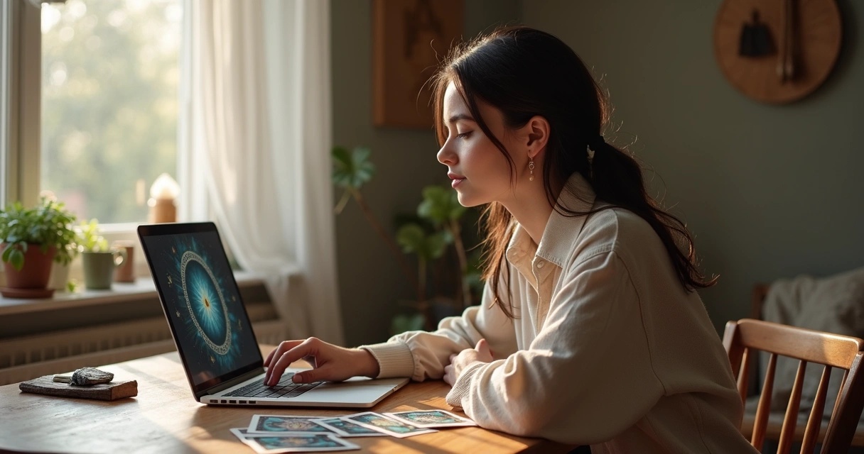 Mulher jovem sentada de frente para um notebook, em ambiente tranquilo, com cartas de tarot ao lado, concentrada na tela 