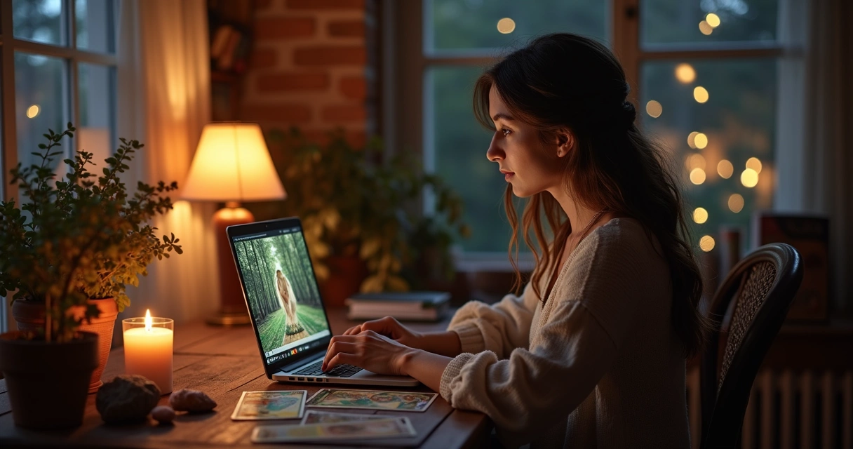 Mulher jovem faz consulta de tarot online no laptop durante a noite 