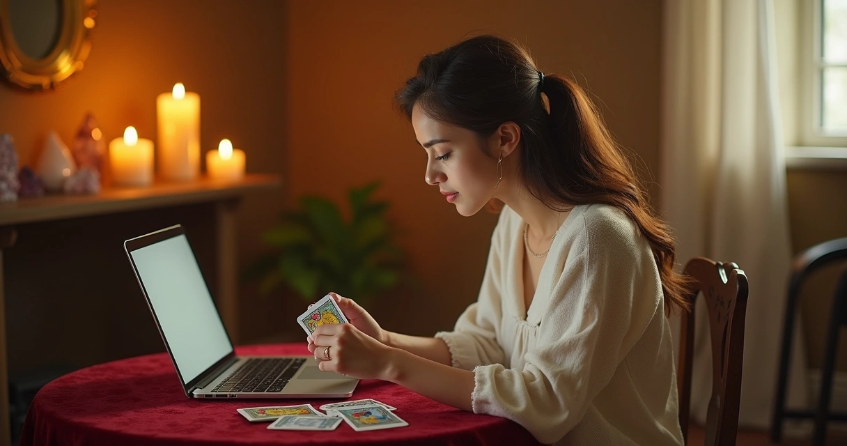 Mulher tirando cartas de tarot olhando atenta 