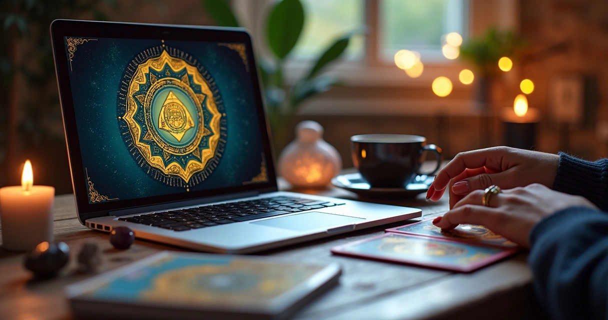 Pessoa consultando tarot online em notebook com cartas e cristais 