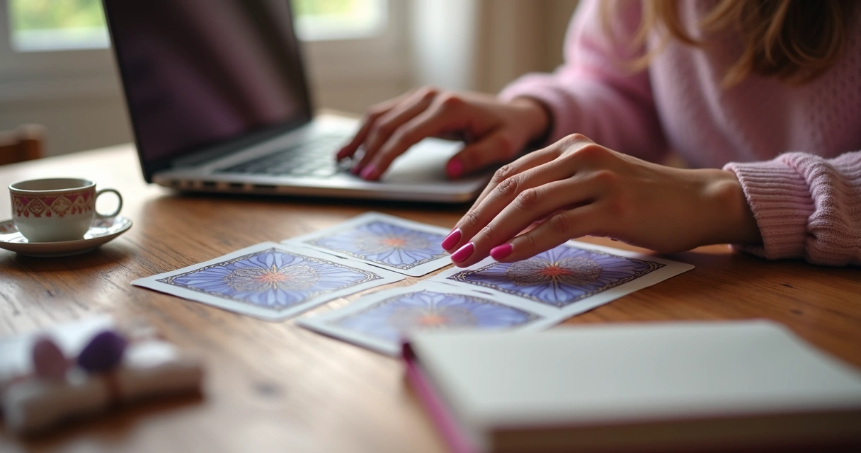 Cartas de tarot, notebook e uma mão feminina em uma mesa 