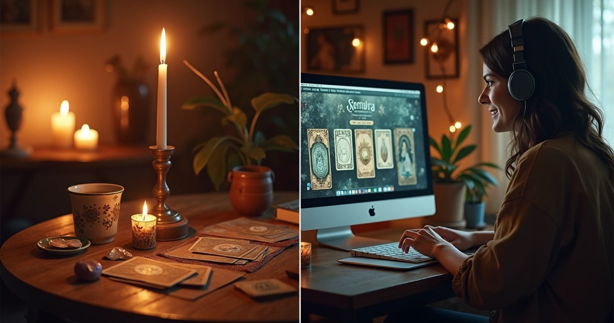 Mesa de tarot digital com cartas, cristais e mãos femininas próximas 