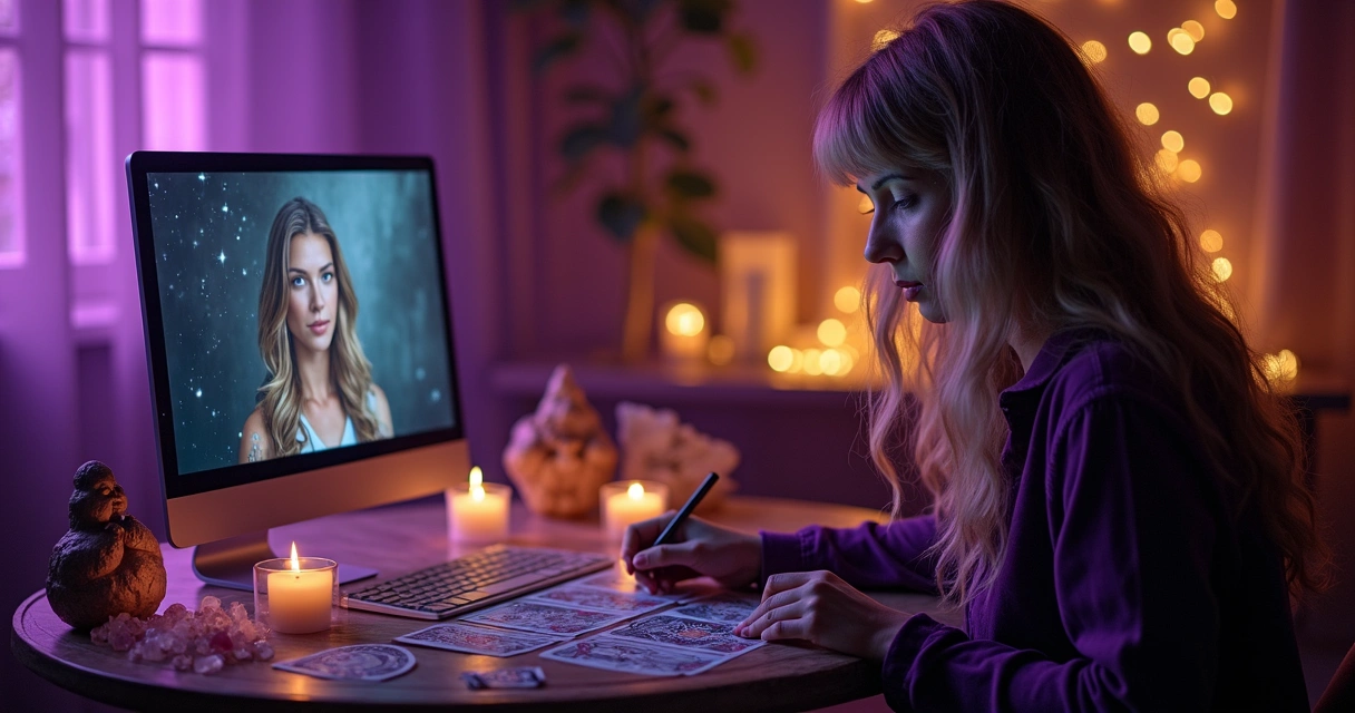 Taróloga em ambiente místico lendo cartas de tarot para cliente em chamada de vídeo 