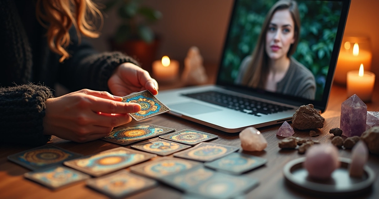 Mesa de tarot com cartas dispostas, mãos femininas, computador com chat aberto e cristais 