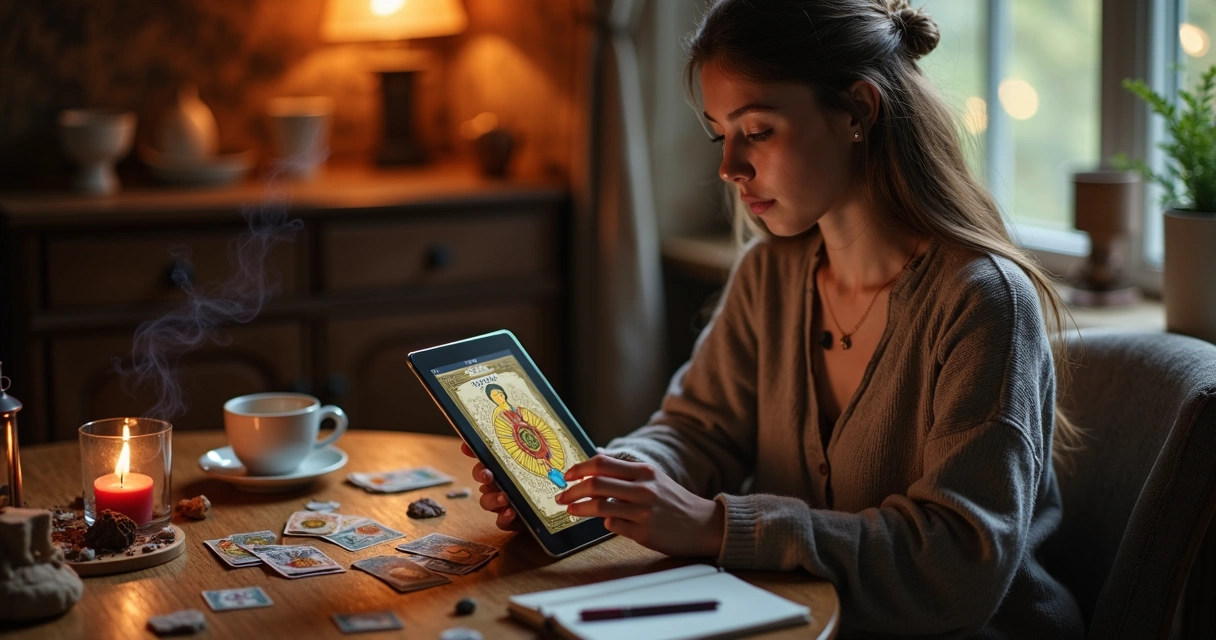 Consulta de tarot virtual em tablet com cartas 