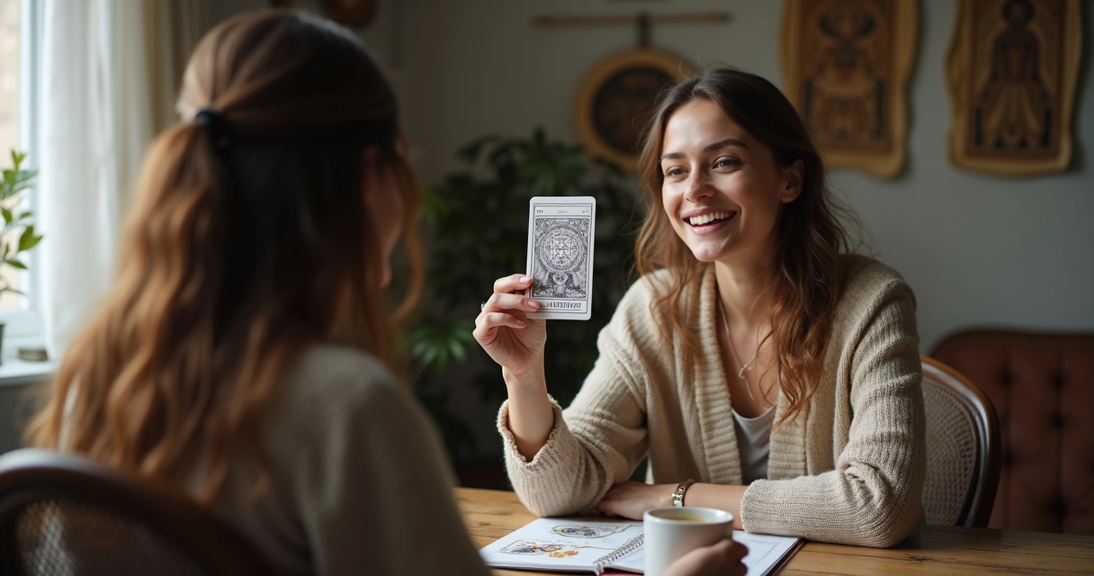 Mulher em chamada de vídeo para consulta de tarot 
