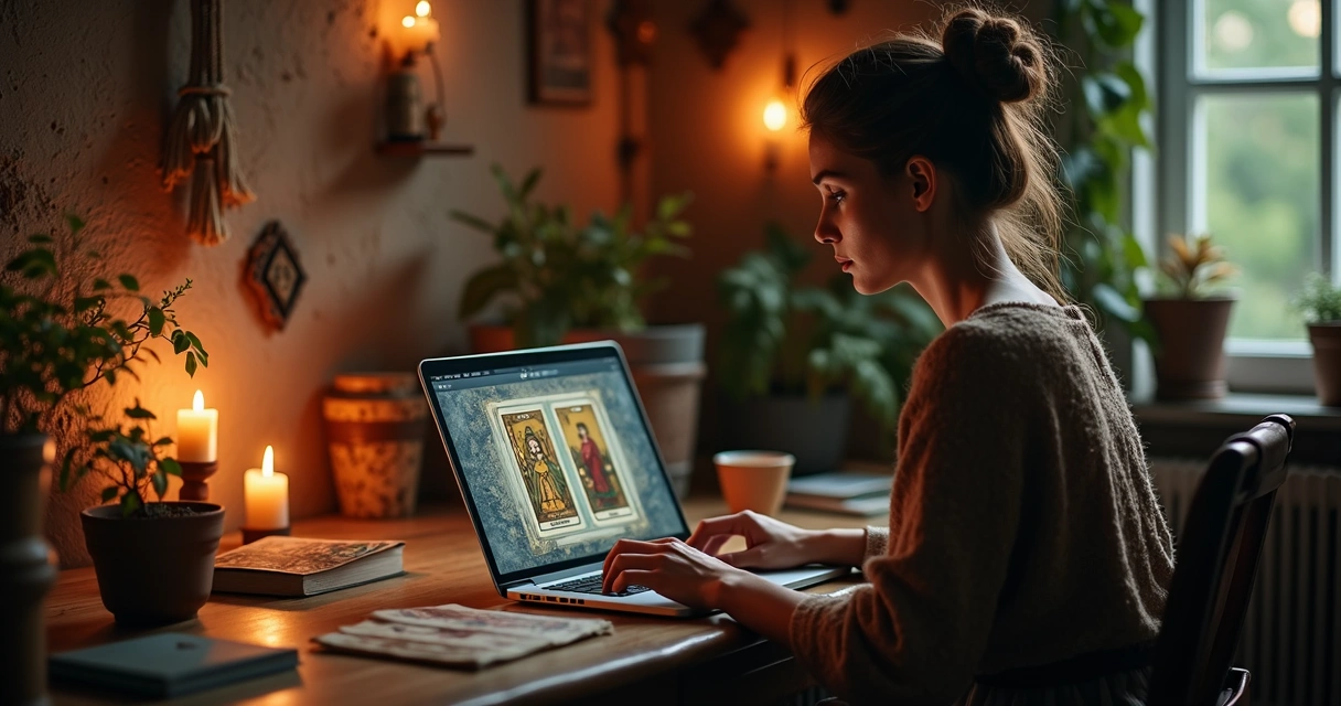 Mulher consulta tarot online usando notebook 