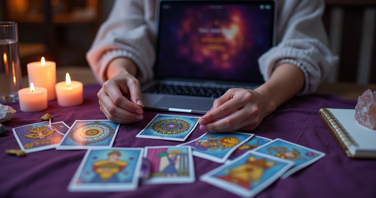 Mesa com cartas de tarot, velas e notebook aberto na consulta online 