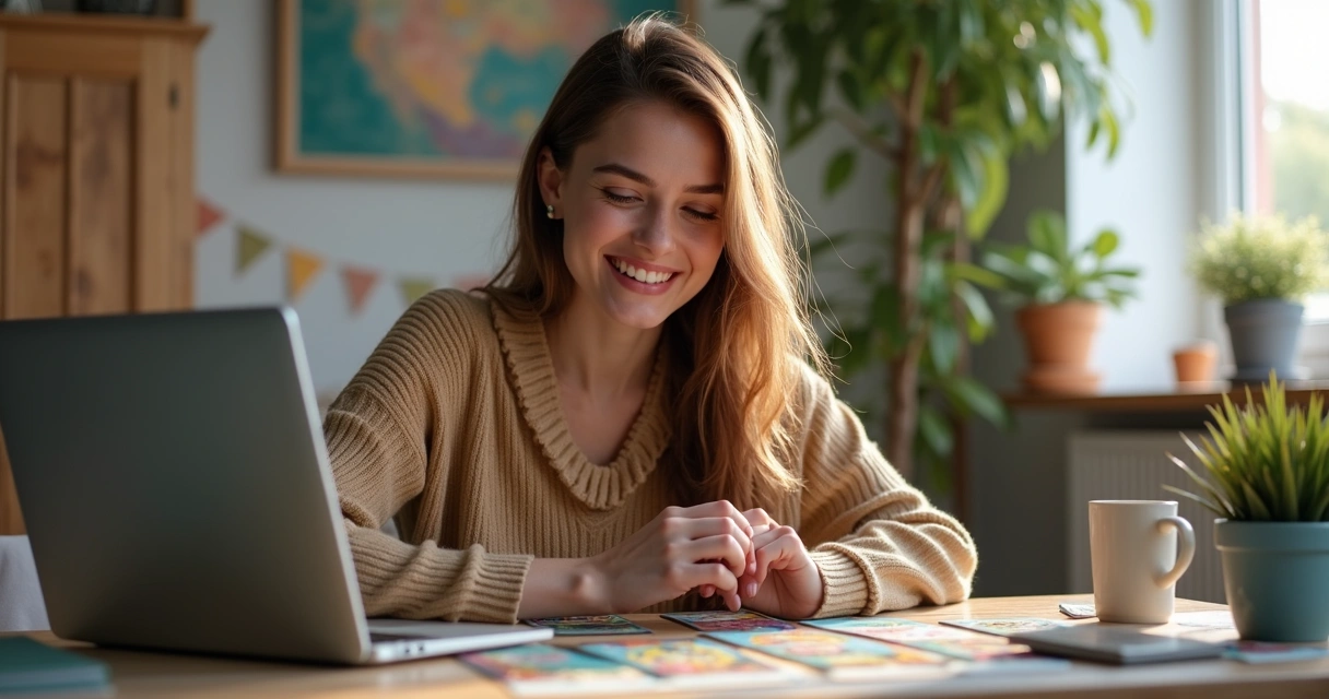 Mulher sorridente em consulta de tarot online pelo computador. 