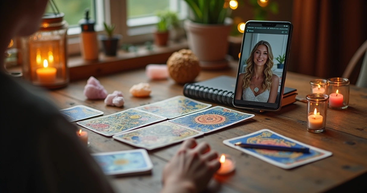 Mesa de tarot com cartas e cristais sendo consultados em ambiente digital 