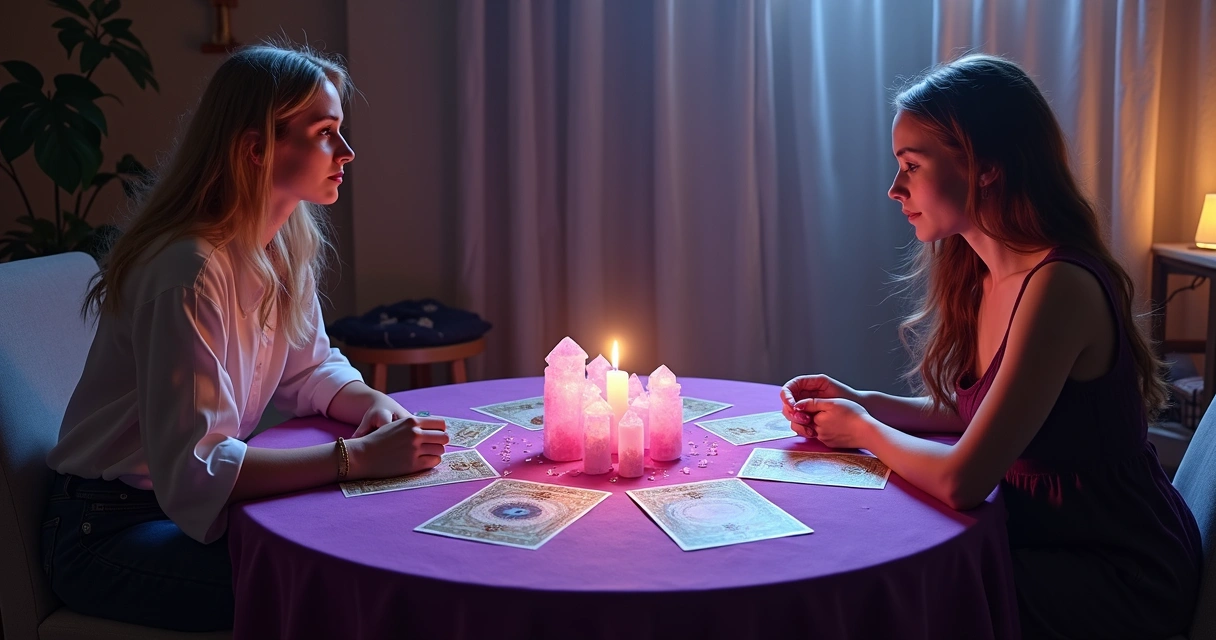 Consulta de tarot presencial com consultora e consulente focadas nas cartas e cristais. 