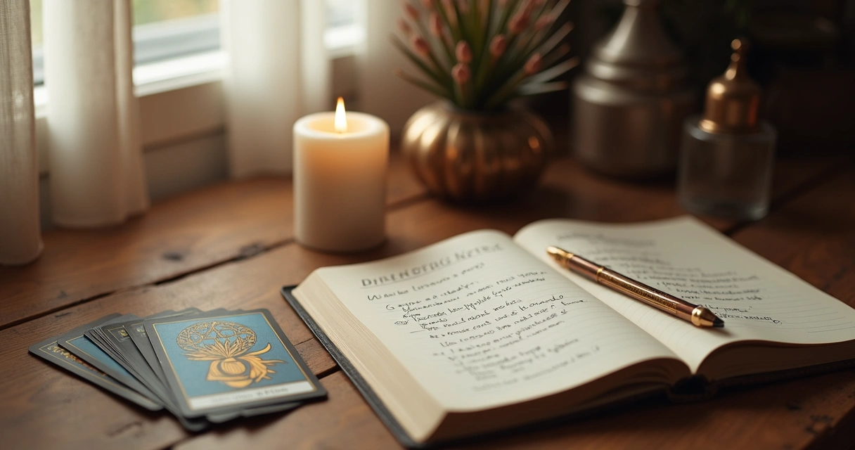 Escrivaninha com baralho de tarot, bloco de anotações e vela acesa, ambiente de reflexão. 