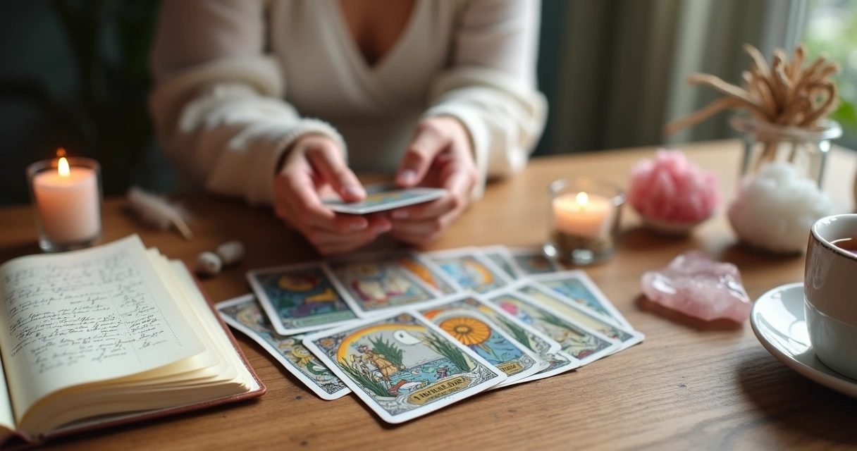 Mesa com baralho de tarot e mão feminina embaralhando as cartas 